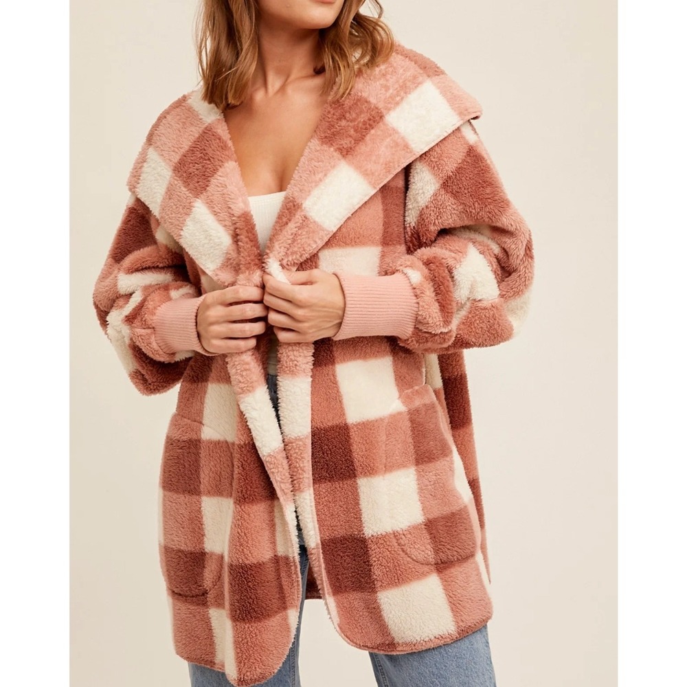 Hem & Thread Plaid Sherpa Cardigan Women One Size Pink Buffalo Check Hooded Coat